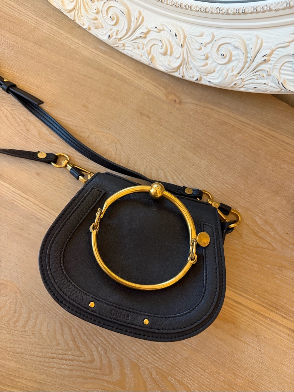 Chloé Black Mini Nile Bracelet Leather Crossbody Bag with Gold Ring